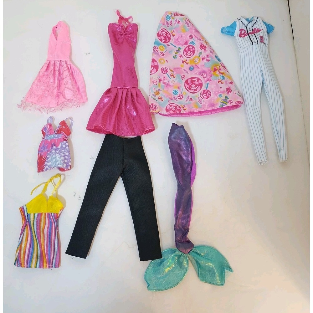 8 Pc Barbie Doll Clothes Lot Halter Dress Top Mermaid Baseball Metallic Lollipop